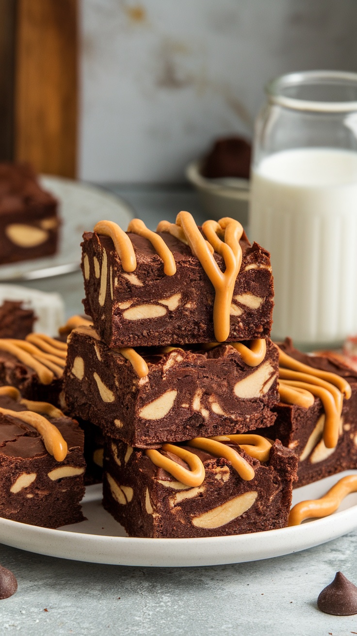 Fudgy peanut butter brownies on a plate, topped with creamy peanut butter and chocolate swirls.